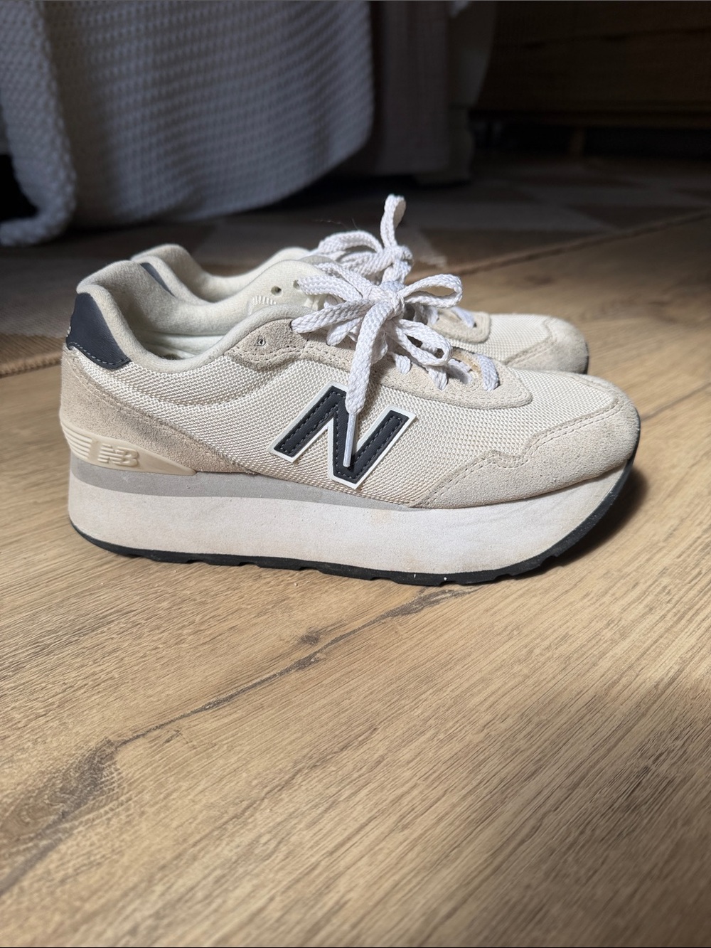 New Balance Women's Cream Platform Sneakers with Black Logo